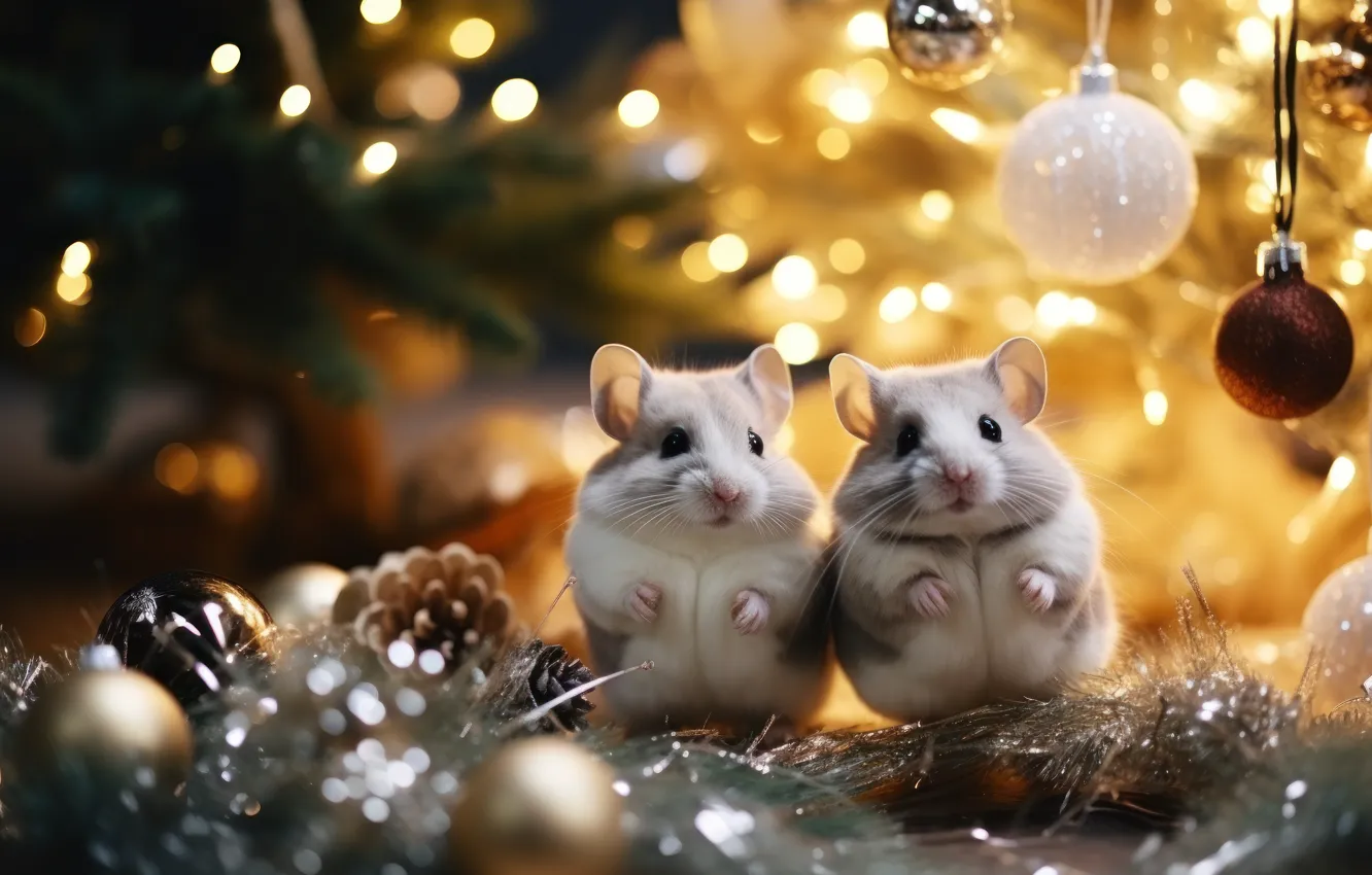 Photo wallpaper look, new year, hamster, Christmas, a couple, rodent, hamster, AI art