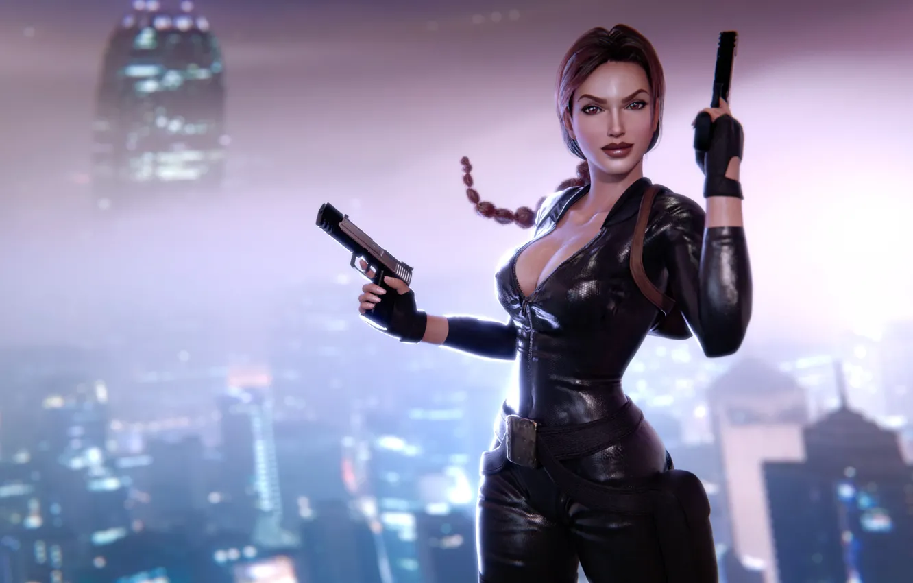 Photo wallpaper chest, look, girl, rendering, gun, hair, dress, costume