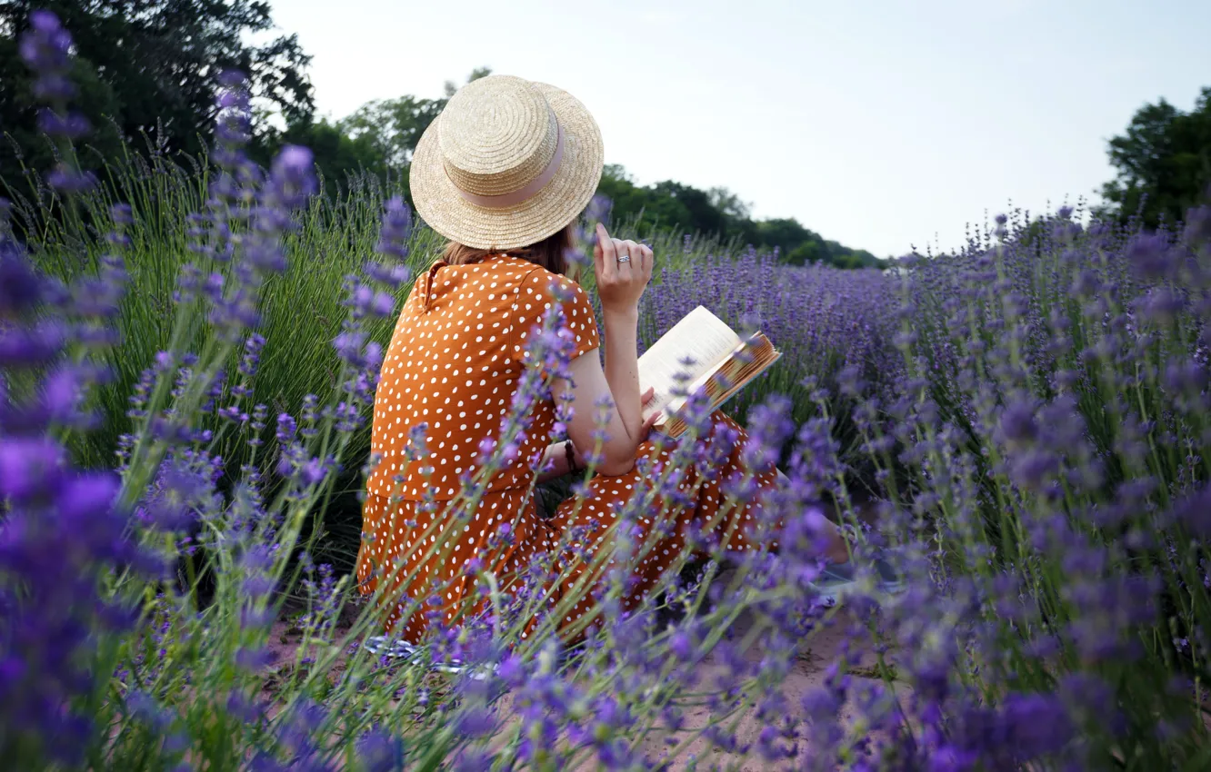 Photo wallpaper France, Flowers, Girl, Book, Hat, Flowers, France, Lavender field