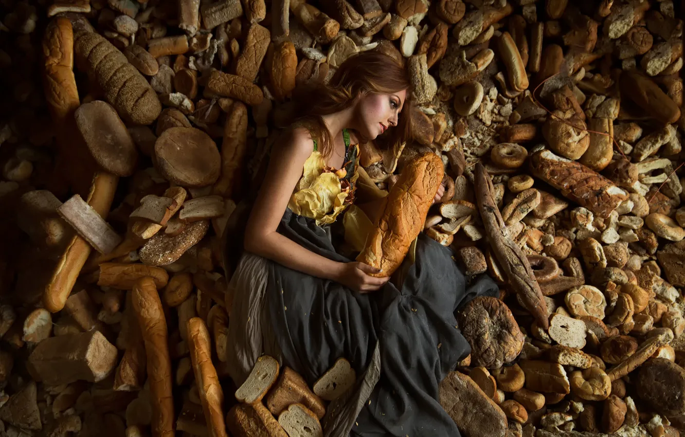 Photo wallpaper girl, bread, Lichon, a lot of bread