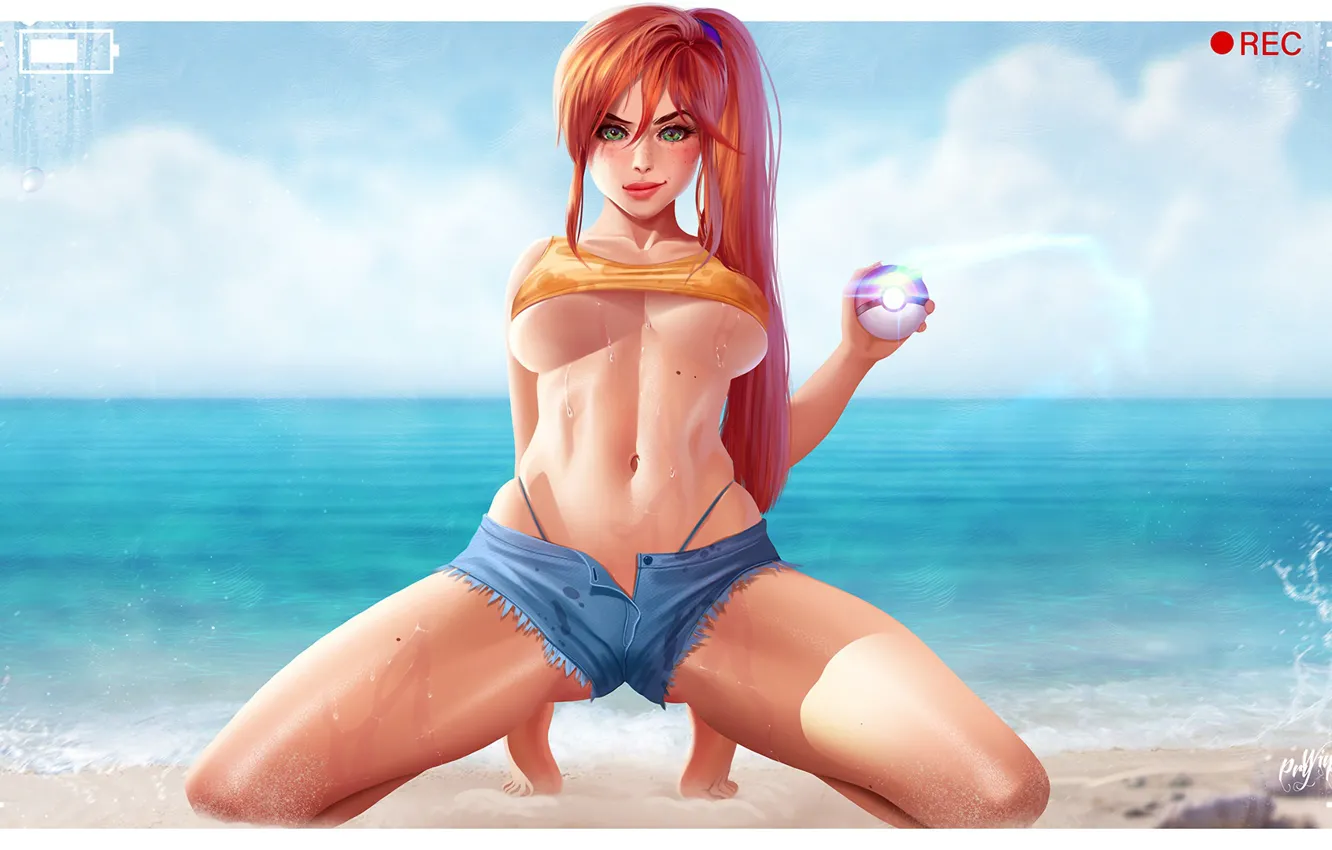 Photo wallpaper sea, beach, chest, girl, pose, Tits, art, red