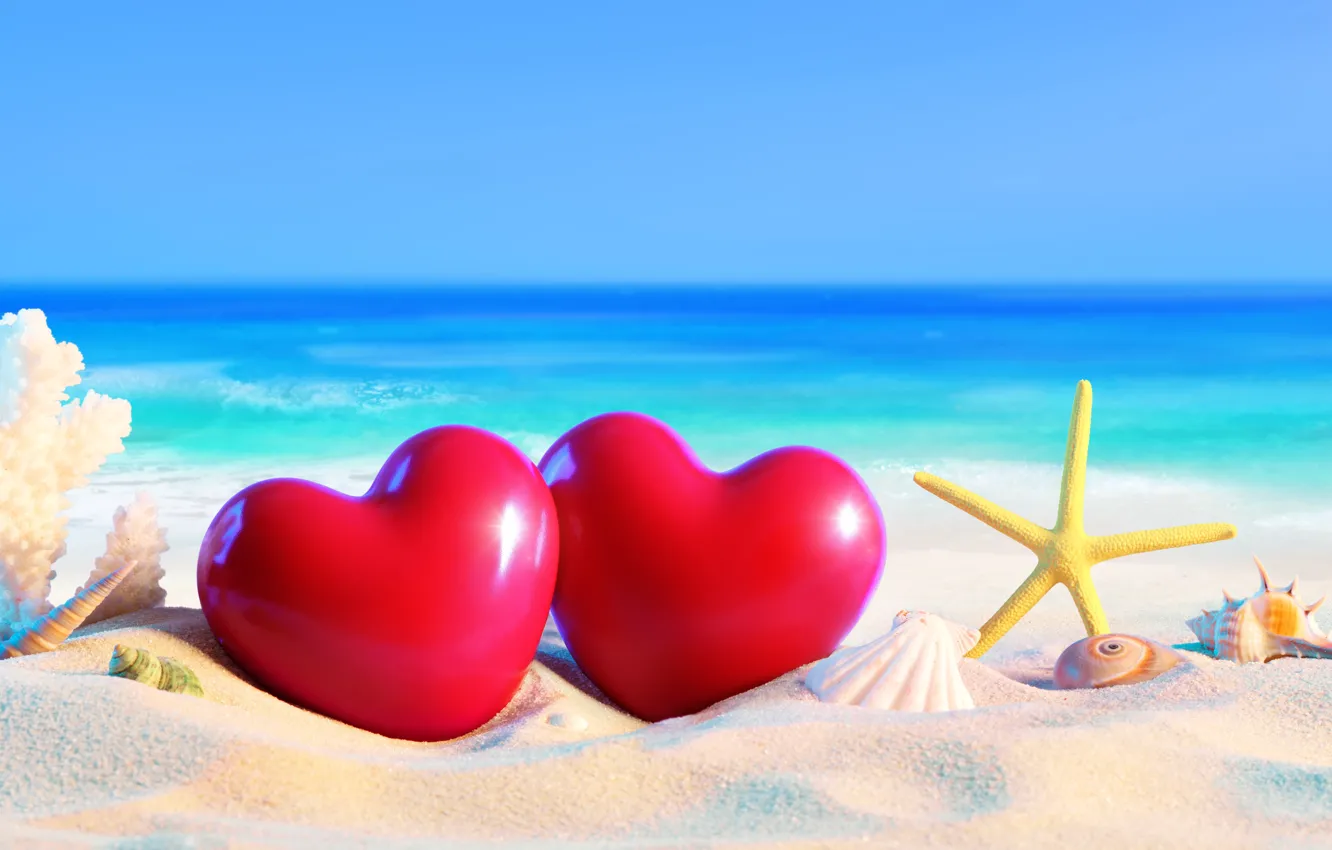 Photo wallpaper sand, sea, beach, summer, stay, hearts, shell, summer