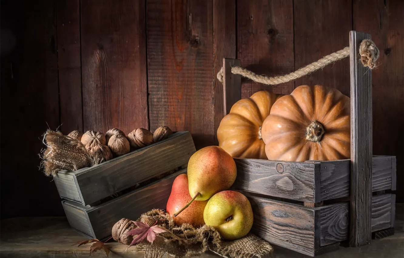 Photo wallpaper autumn, leaves, table, Board, rope, pumpkin, fruit, nuts