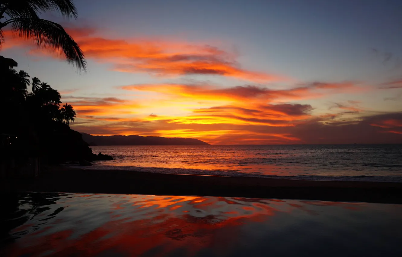Photo wallpaper sea, the sky, clouds, sunset, tropics, Palma, the ocean, pool