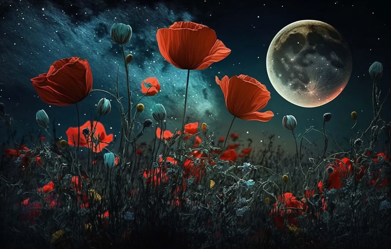 Photo wallpaper stars, flowers, night, red, nature, the moon, graphics, Maki