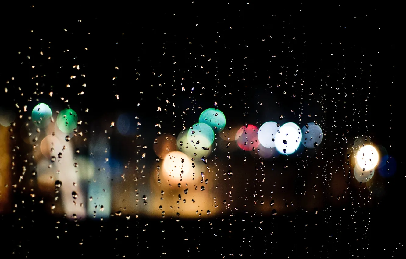 Photo wallpaper glass, drops, night, lights, rain, bokeh