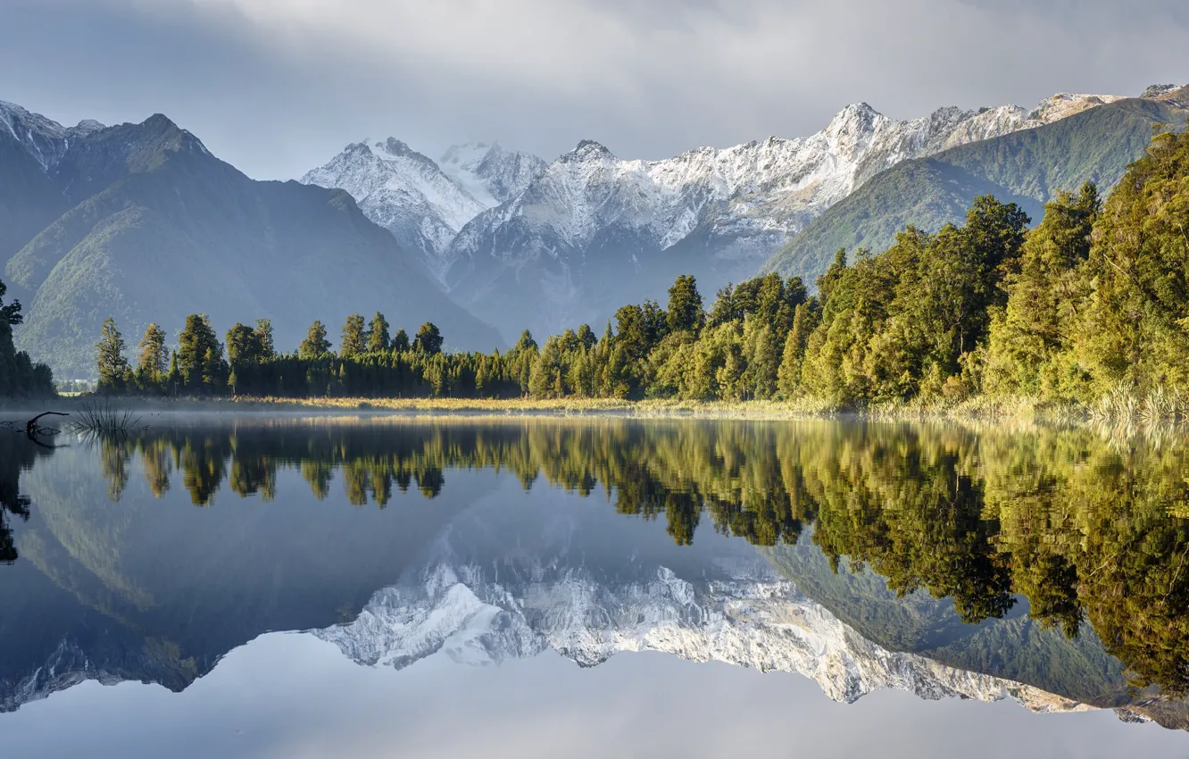 Photo wallpaper trees, mountains, lake, reflection, New Zealand, New Zealand, water surface, Lake Matheson
