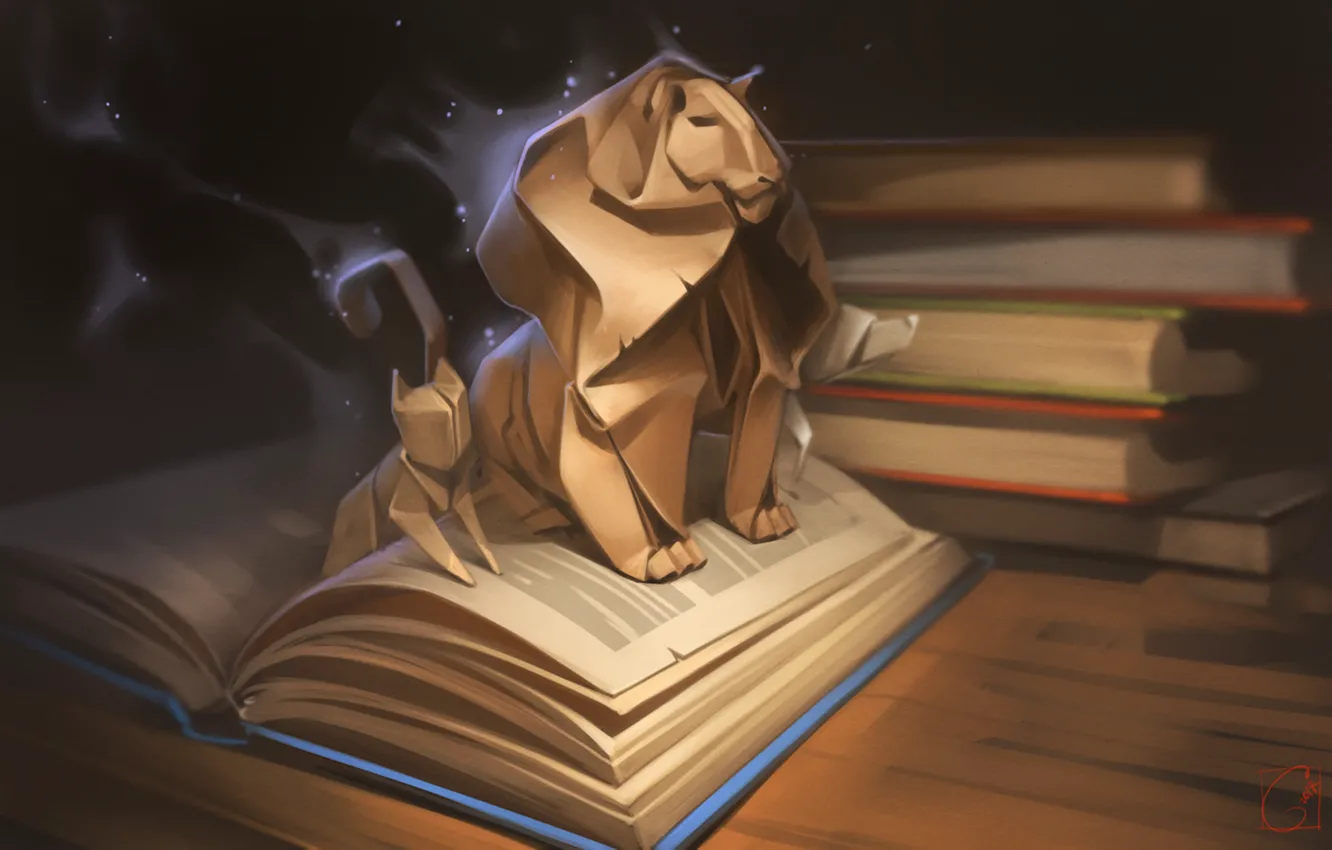 Photo wallpaper paper, wolf, Leo, art, book, lynx, origami