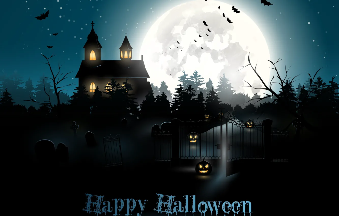 Photo wallpaper light, night, house, holiday, the moon, pumpkin, bats, halloween