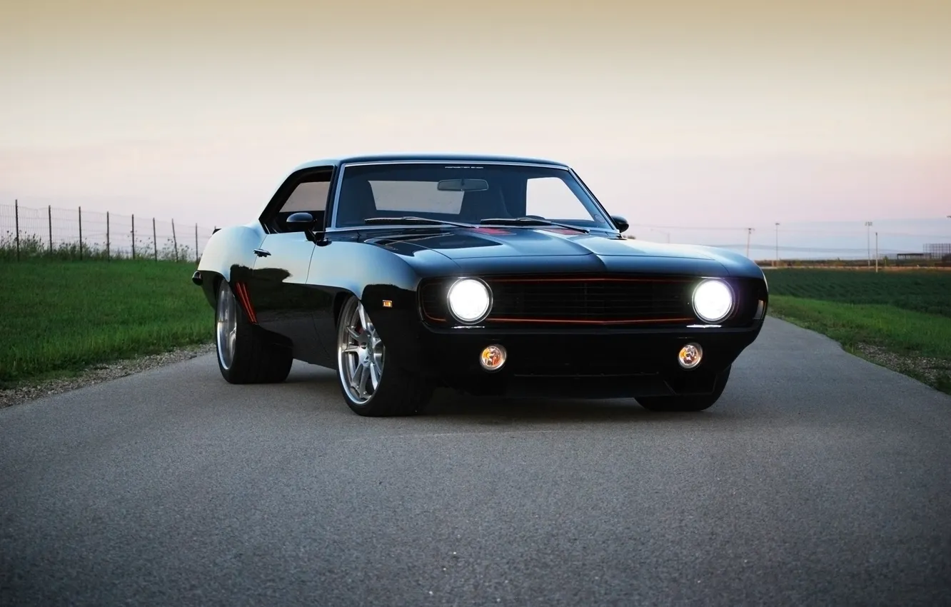 Photo wallpaper road, the sky, black, tuning, coupe, Chevrolet, 1969, Camaro