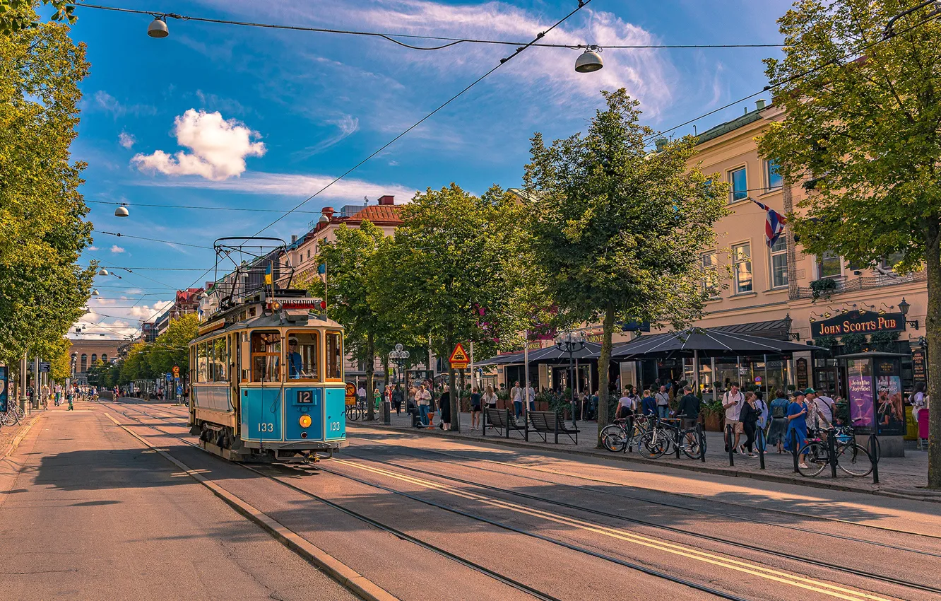 Photo wallpaper road, the sky, clouds, trees, street, tram, Sweden