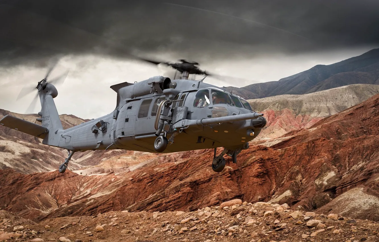 Photo wallpaper machine, landscape, helicopter, Flies, SIKORSKY HH-60W