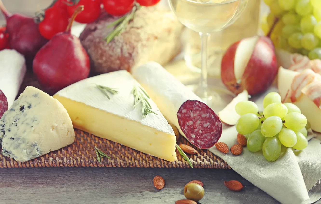 Photo wallpaper cheese, grapes, sausage, cuts