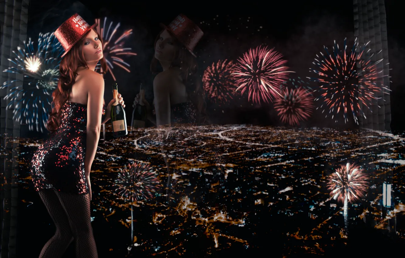 Photo wallpaper reflection, bottle, new year, panorama, fireworks, champagne, night city, Tancy Marie