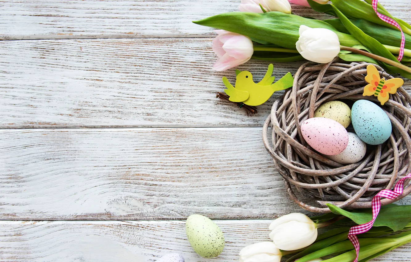 Photo wallpaper flowers, eggs, spring, colorful, Easter, tulips, wood, pink
