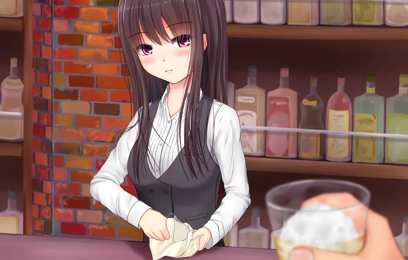 Photo wallpaper ice, look, girl, glass, smile, bar, hands, blush