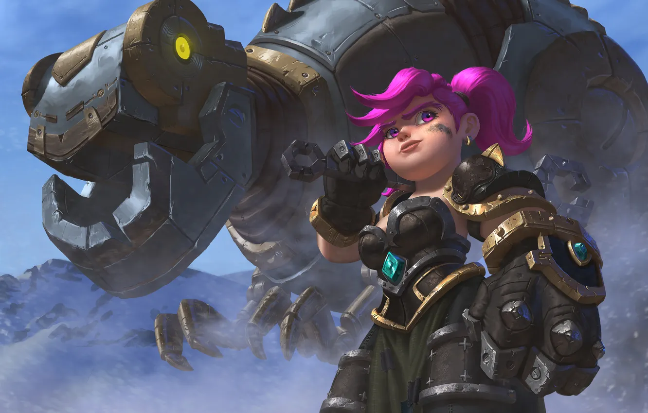 Photo wallpaper girl, mechanism, robot, dinosaur, art, dwarf, Dinobot, Hearthstone