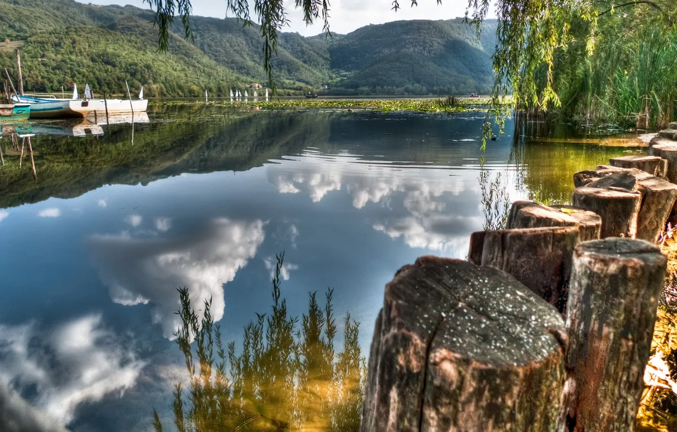 Photo wallpaper lake, boat, hemp