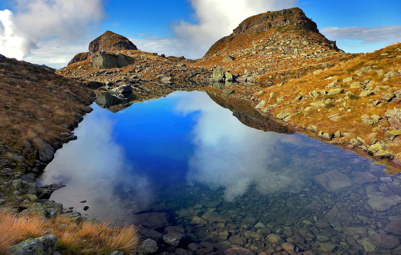 Photo wallpaper clouds, mountains, lake, reflection, Italy, Stone Quadra