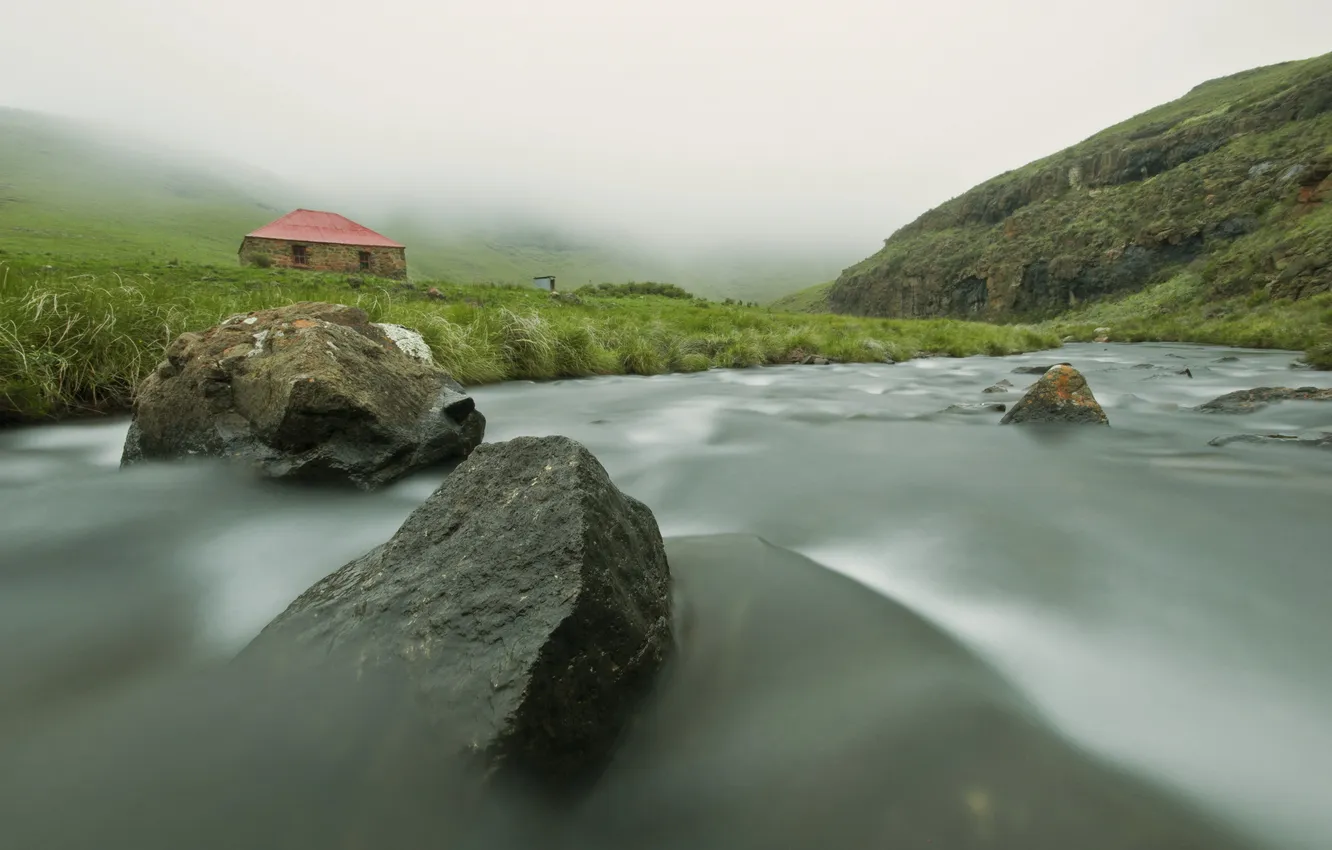 Photo wallpaper fog, river, stones, home, stream