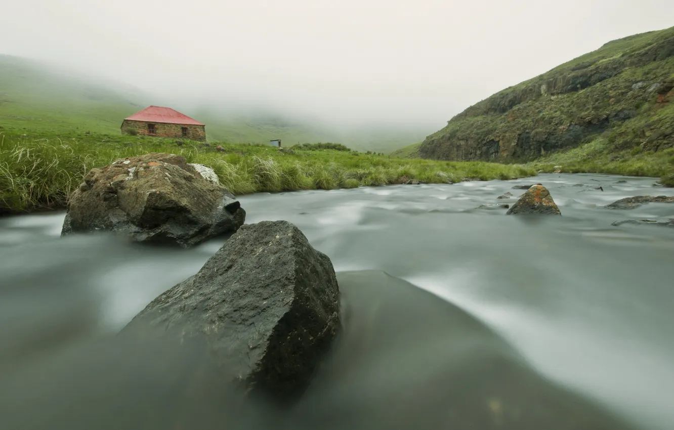 Photo wallpaper fog, house, river, stones, stream