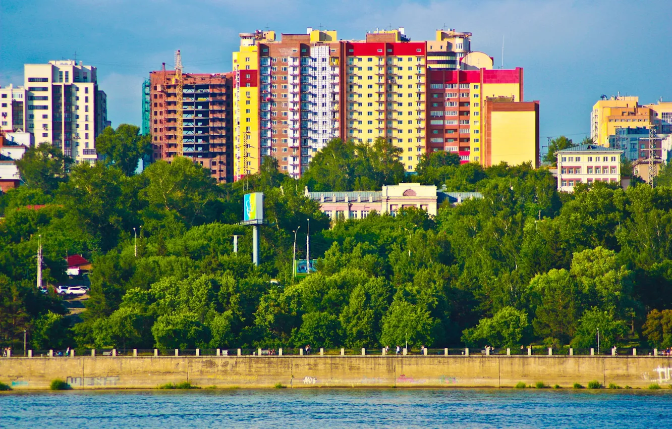 Photo wallpaper the city, river, view, building, Russia, Novosibirsk