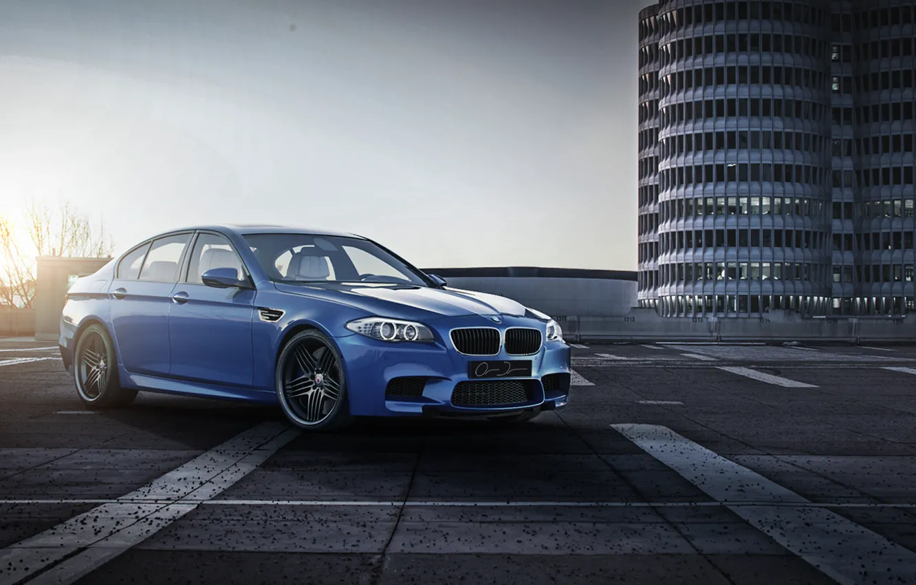 Photo wallpaper the sky, blue, lights, the building, bmw, BMW, front view, f10