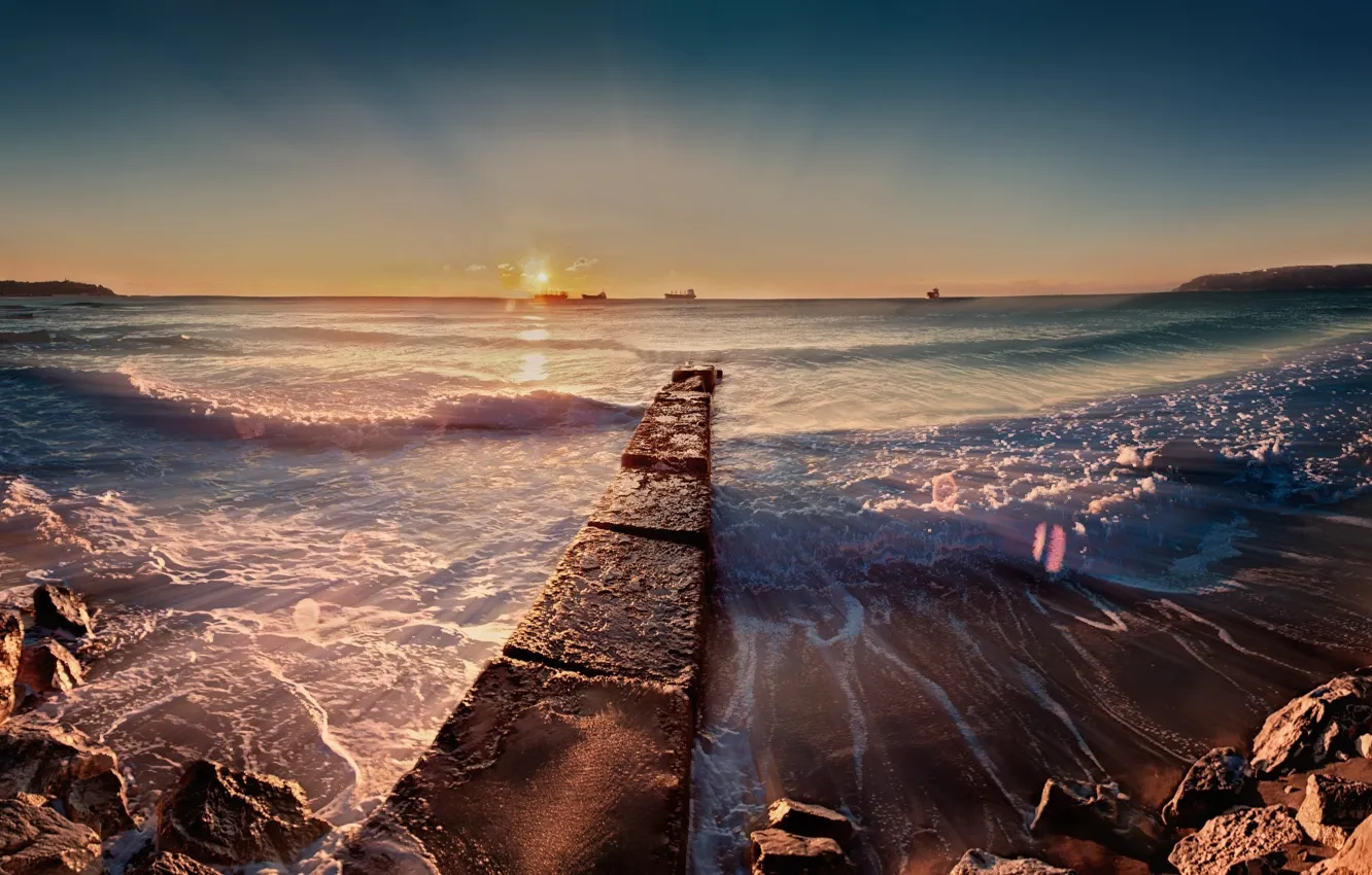 Photo wallpaper sea, the sun, stones, shore, morning, surf, Bulgaria
