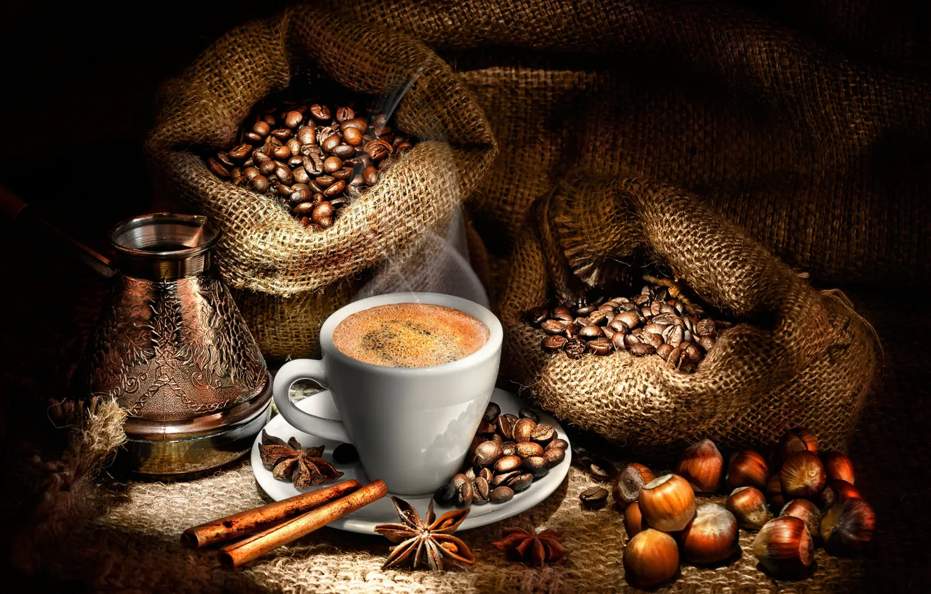 Photo wallpaper coffee, hot, couples, Cup, drink, twilight, nuts, cinnamon