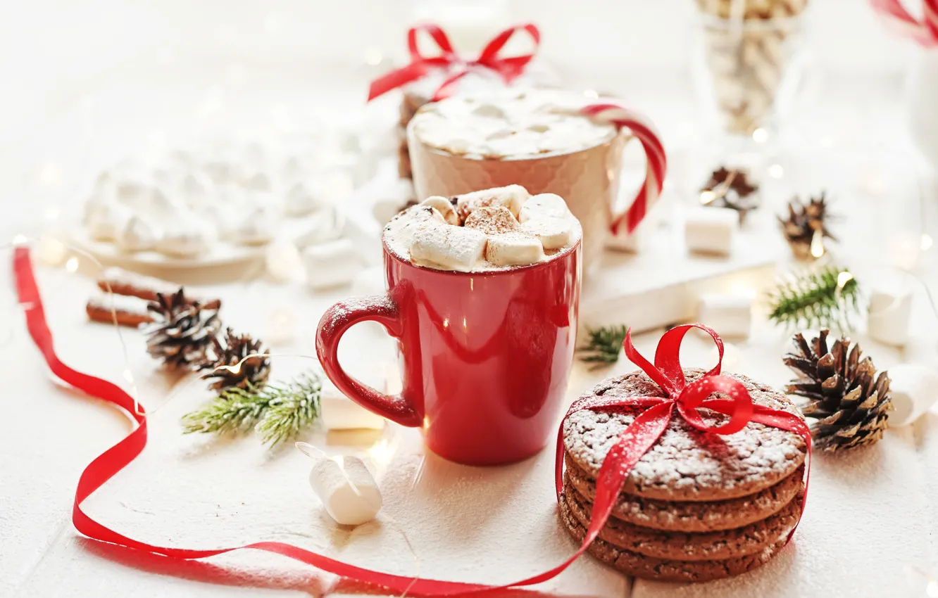 Photo wallpaper holiday, cookies, tape, Cup, bumps, hot chocolate, marshmallows