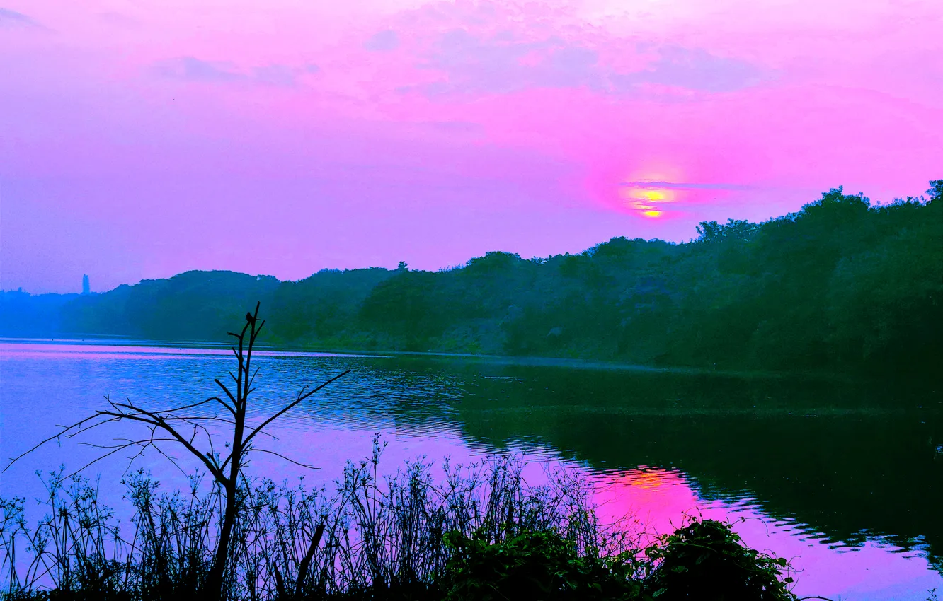 Photo wallpaper Clouds, Sky, Sun, Water, Sunrise, Dawn, Morning, Lake