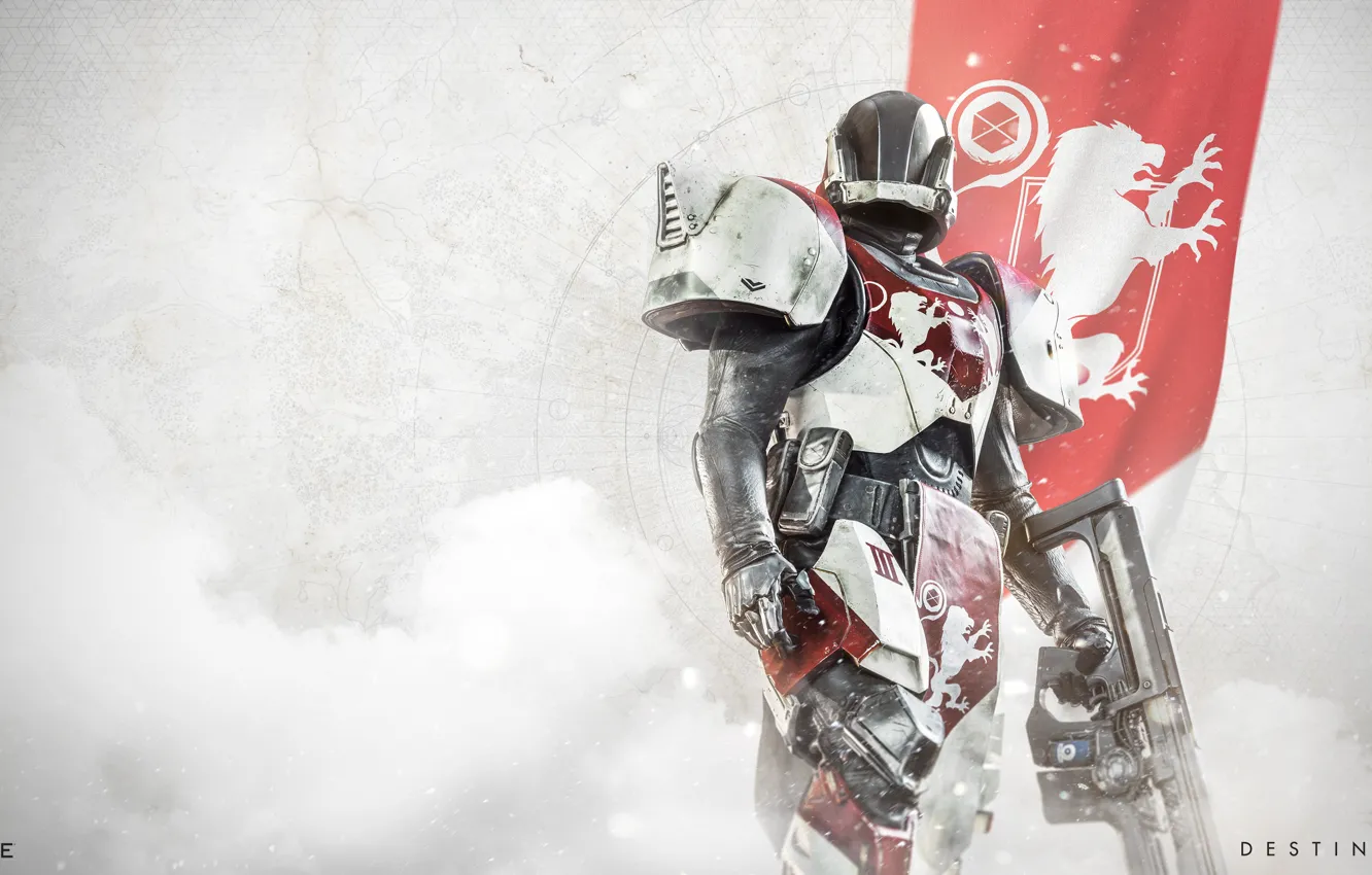 Photo wallpaper gun, game, armor, weapon, lion, flag, Destiny, Titan