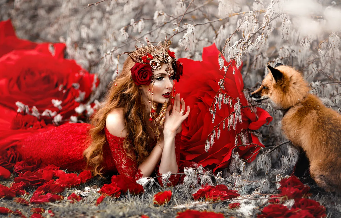 Photo wallpaper decoration, red, flowers, style, image, curls, Melanie Dietze, branches