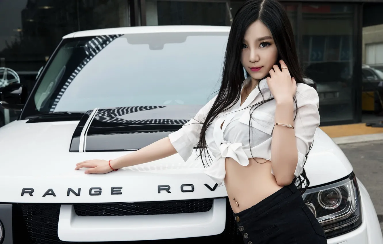 Photo wallpaper look, Girls, Land Rover, Asian, beautiful girl, posing, white car