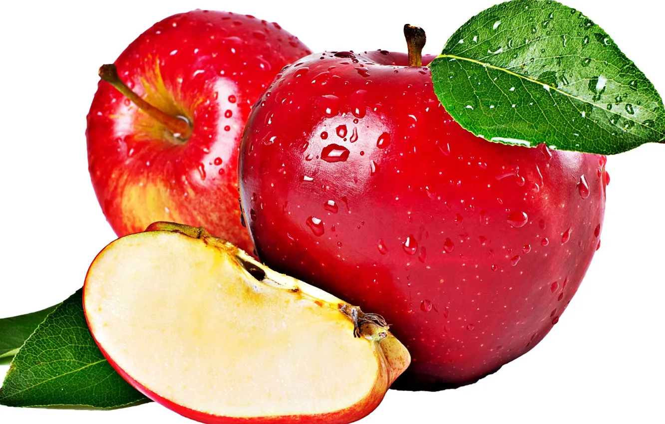 Photo wallpaper leaves, drops, macro, background, apples, slices