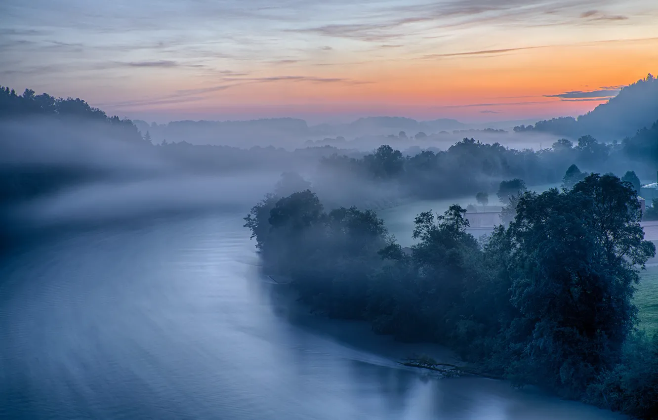 Photo wallpaper fog, river, dawn, morning, Germany, Bayern