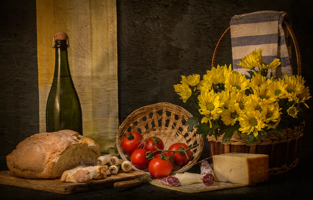 Photo wallpaper cheese, bow, bread, tomatoes, sausage, bon appetit