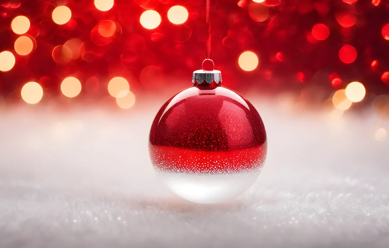 Photo wallpaper winter, balls, snow, red, lights, fog, glare, reflection
