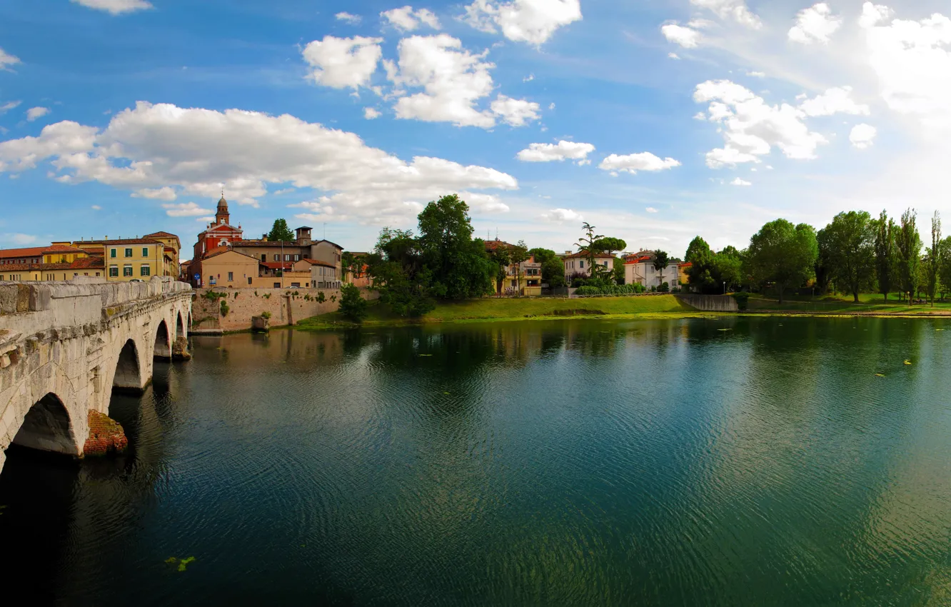 Photo wallpaper the sky, trees, bridge, the city, river, photo, Italy, Emilia-Romagna
