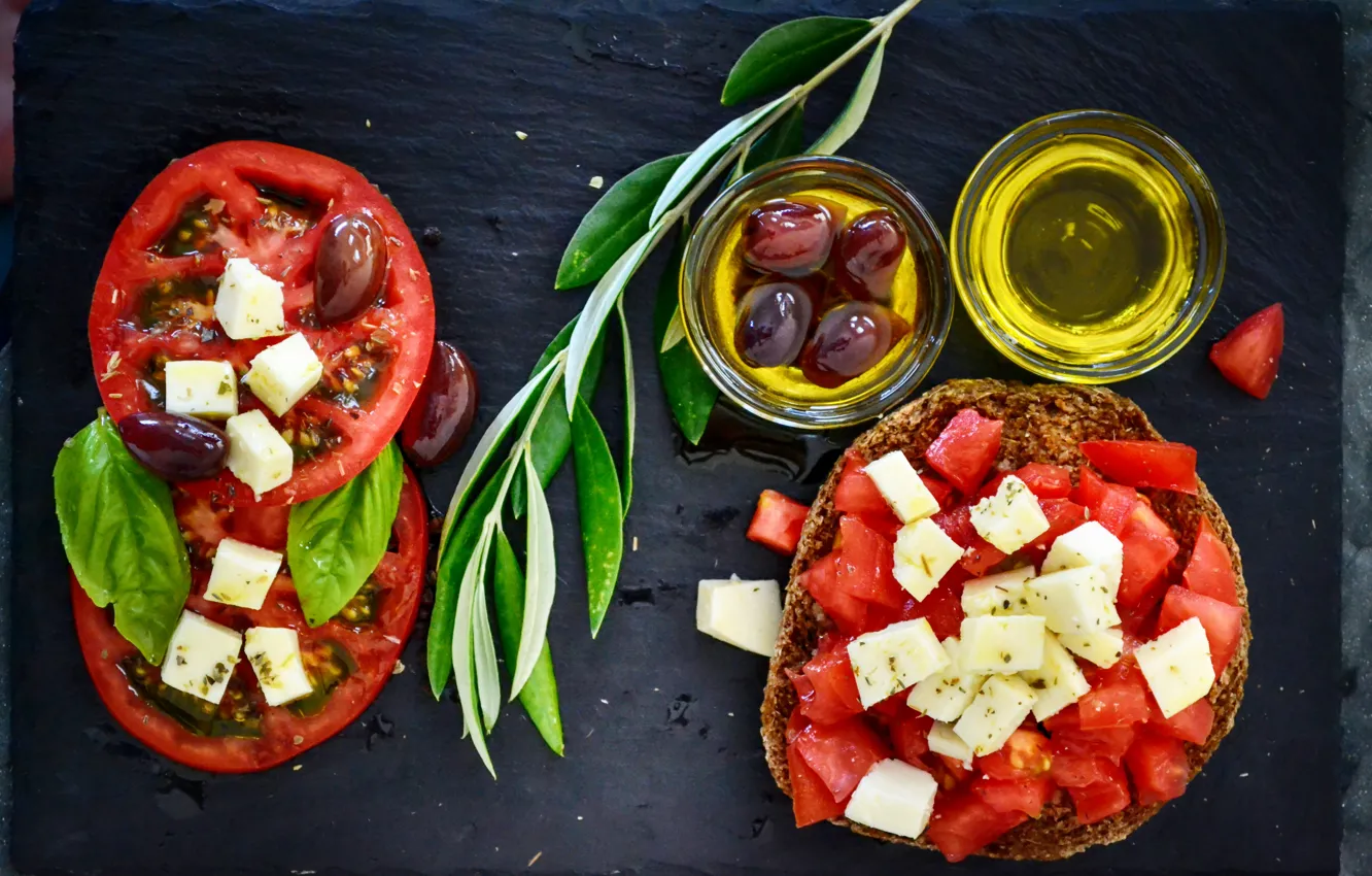 Photo wallpaper oil, cheese, tomatoes, olives, tomatoes, olive oil, bread