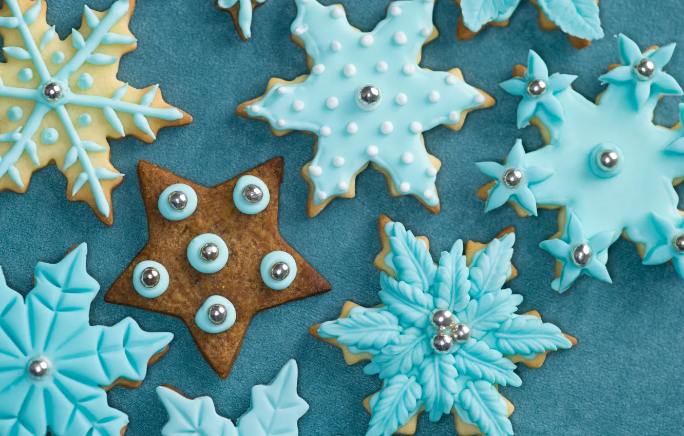Photo wallpaper winter, snowflakes, food, New Year, cookies, blue, Christmas, sweets