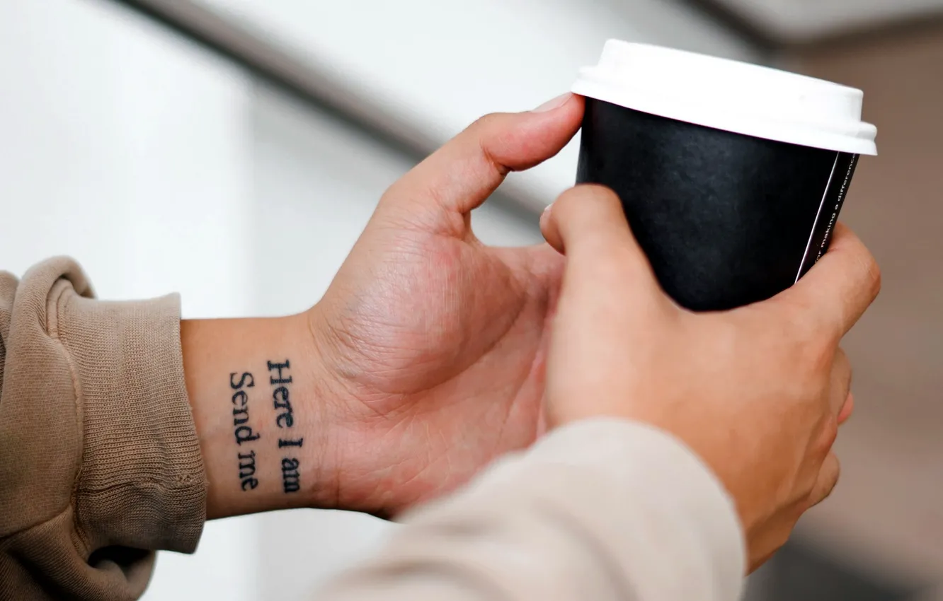 Photo wallpaper hands, tattoo, Cup, the phrase