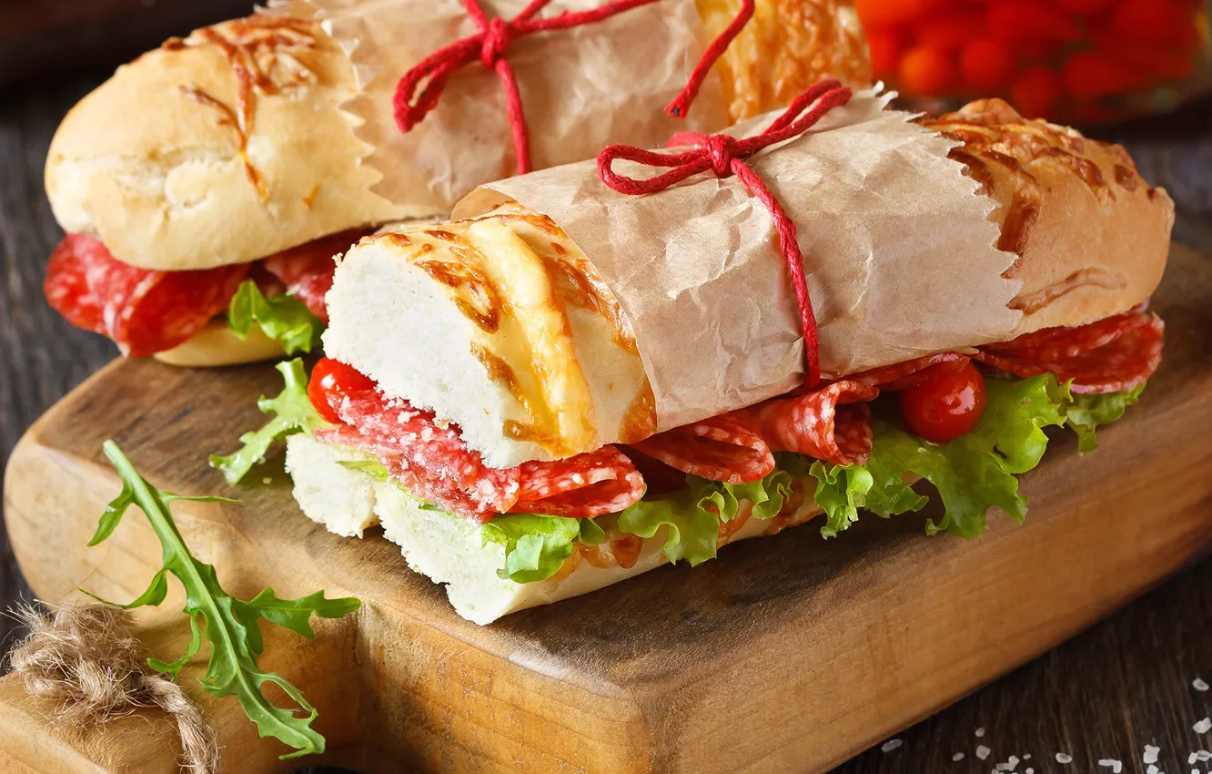 Photo wallpaper tomatoes, sausage, sandwich, sandwiches