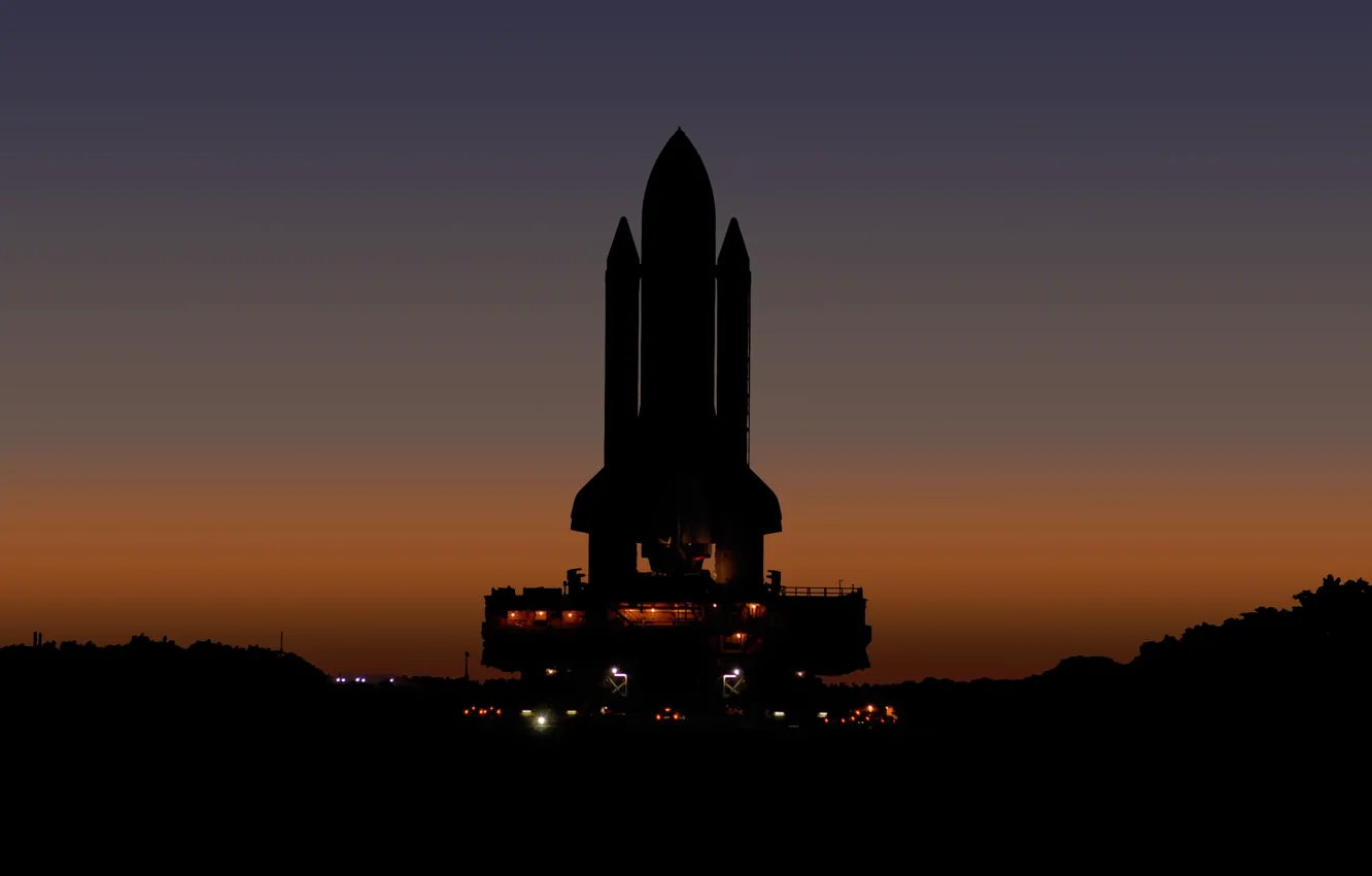 Photo wallpaper lights, NASA, Shuttle, sunset, silhouette, launch platform