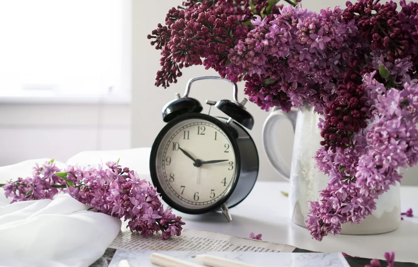 Photo wallpaper table, watch, pencils, alarm clock, vase, notebook, lilac, bokeh