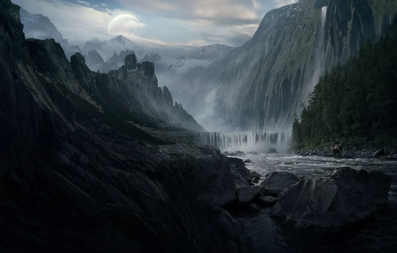 Photo wallpaper forest, water, mountains, river, stones, castle, rocks, animal