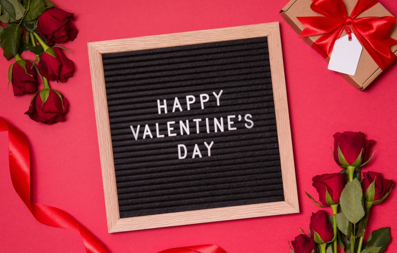 Photo wallpaper flowers, gift, roses, bouquet, hearts, red, red, love