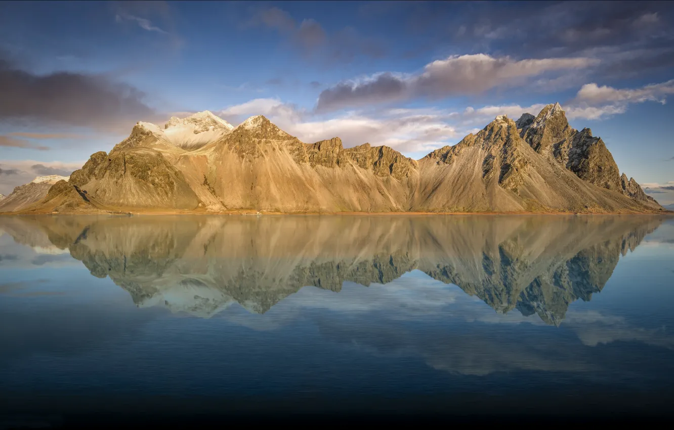 Photo wallpaper the sky, clouds, reflection, Iceland, Iceland, Auster-Skaftafellssysla, Vestrahorn