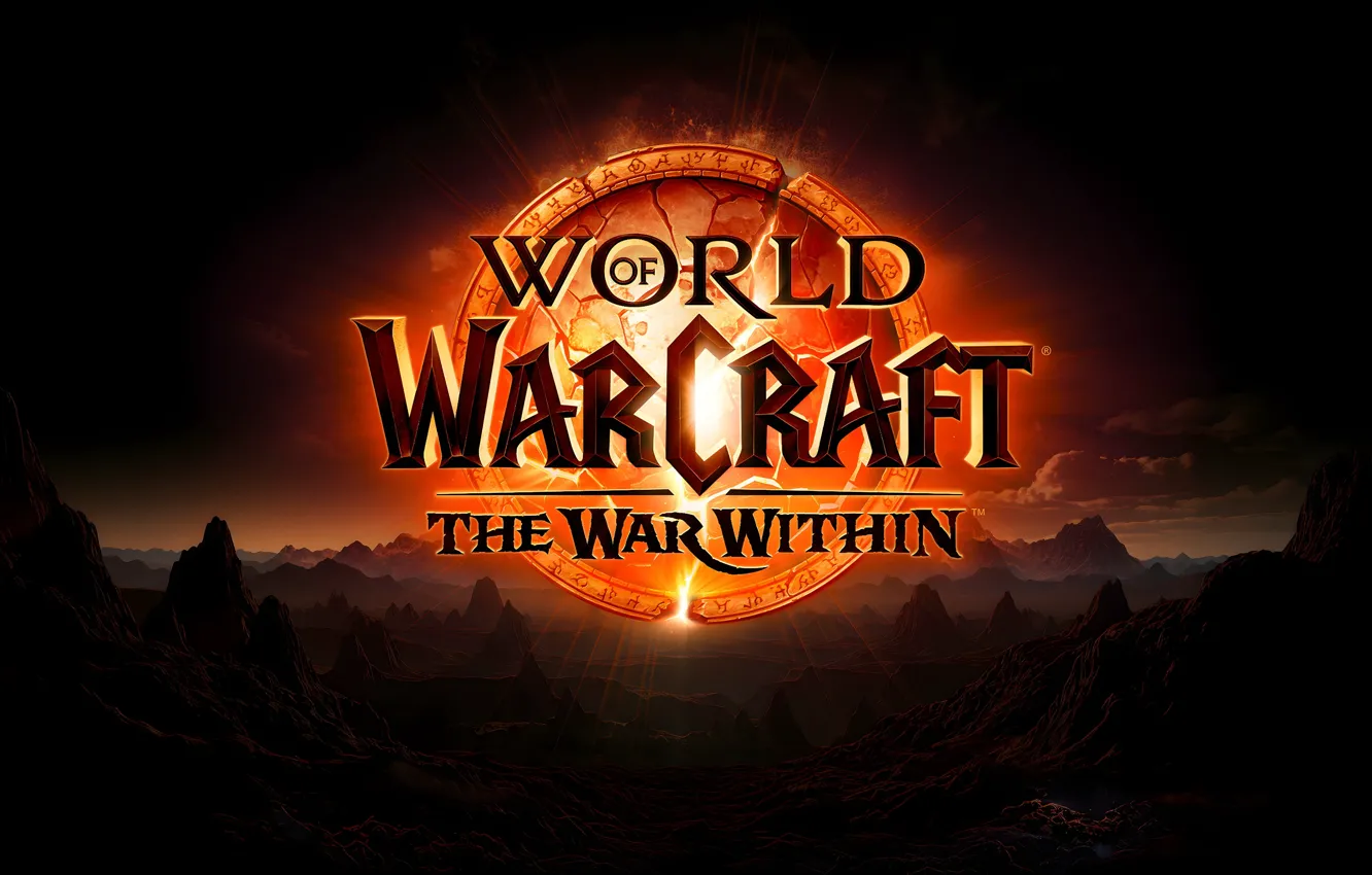 Photo wallpaper clouds, landscape, mountains, the game, The sun, Logo, Poster, World of Warcraft