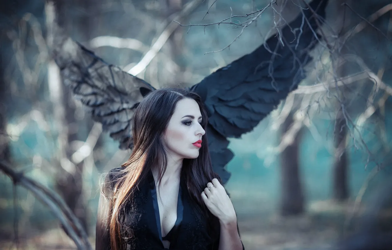 Photo wallpaper angel, brunette, forrest, black wings